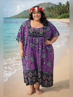 Tropical Purple Floral Caftan Dress 5X Boho Hawaii Resort Muumuu
